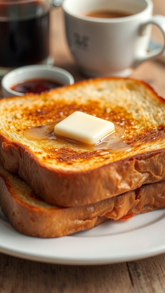 Golden-brown buttered toast on a plate with melted butter and jam.